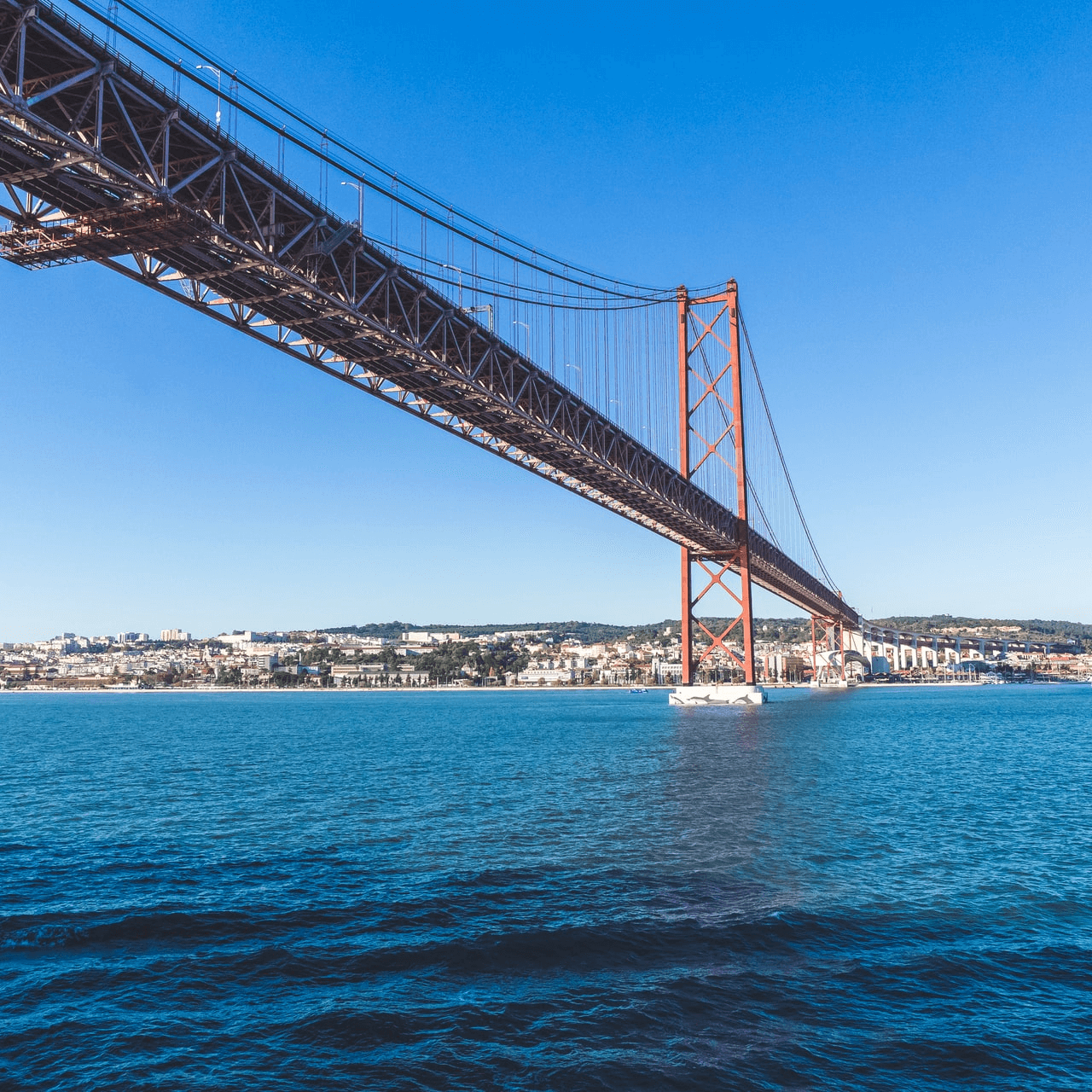 25 de Abril Bridge between Almada and Lisbon across the Tagus River